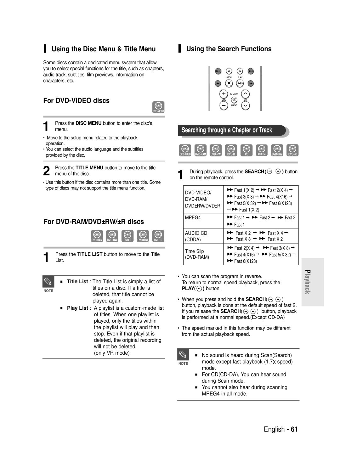 Samsung DVD-R145 instruction manual Using the Disc Menu & Title Menu, For DVD-VIDEO discs, For DVD-RAM/DVD±RW/±R discs 