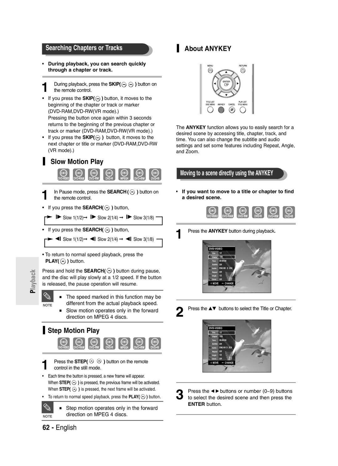 Samsung DVD-R145 instruction manual Searching Chapters or Tracks, Slow Motion Play, Step Motion Play, About Anykey 