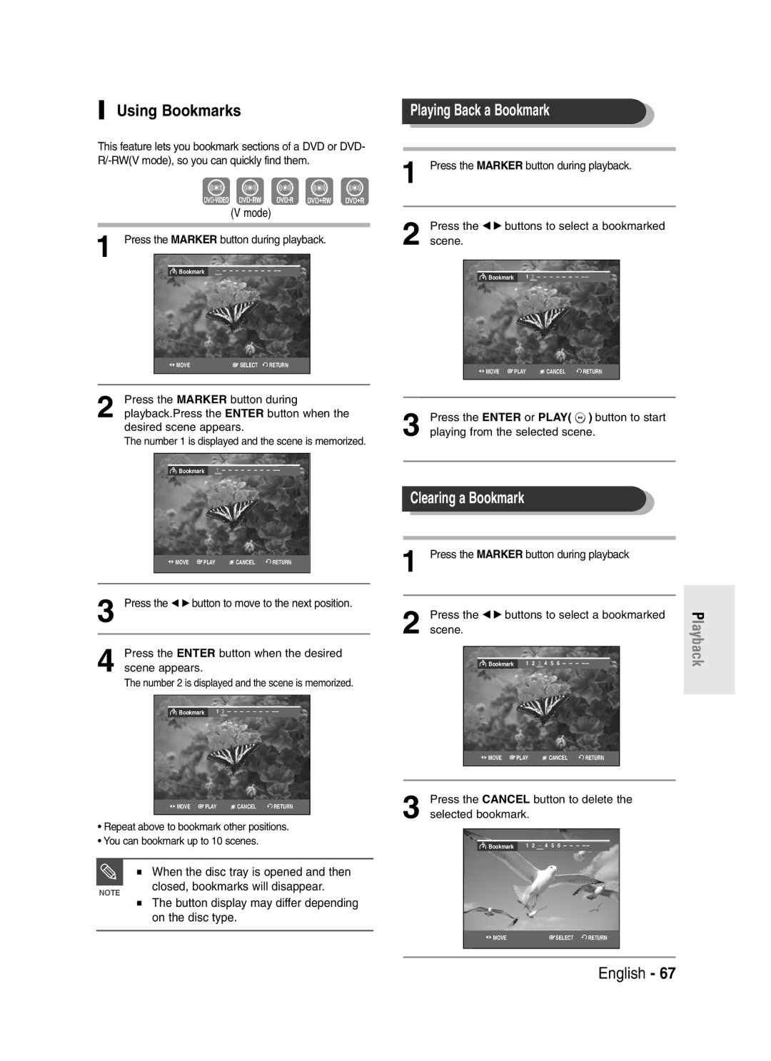 Samsung DVD-R145 instruction manual Using Bookmarks, Clearing a Bookmark, When the disc tray is opened and then 