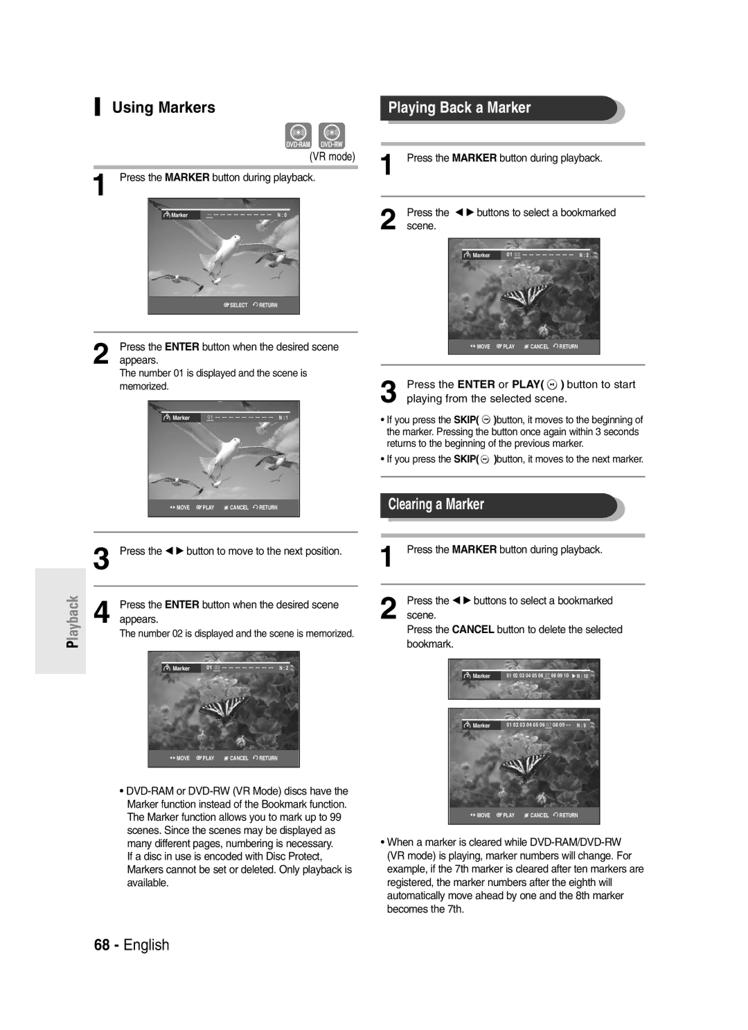 Samsung DVD-R145 instruction manual Using Markers, Playing Back a Marker, Clearing a Marker 