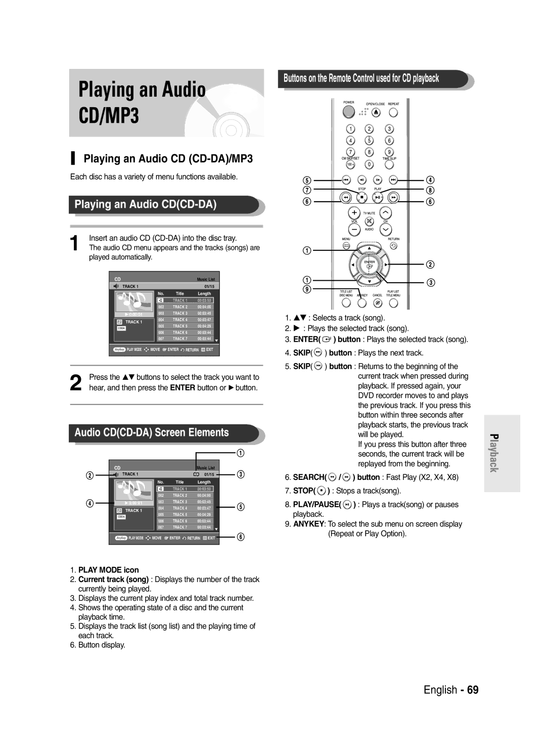 Samsung DVD-R145 Playing an Audio CD CD-DA/MP3, Playing an Audio CDCD-DA, Audio CDCD-DA Screen Elements 