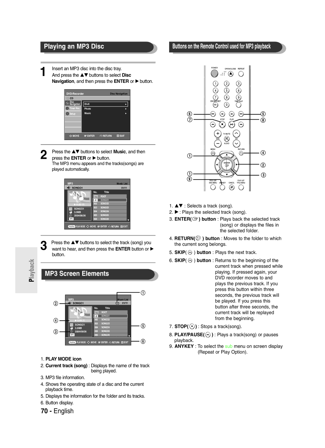 Samsung DVD-R145 instruction manual Playing an MP3 Disc, MP3 Screen Elements, Insert an MP3 disc into the disc tray 