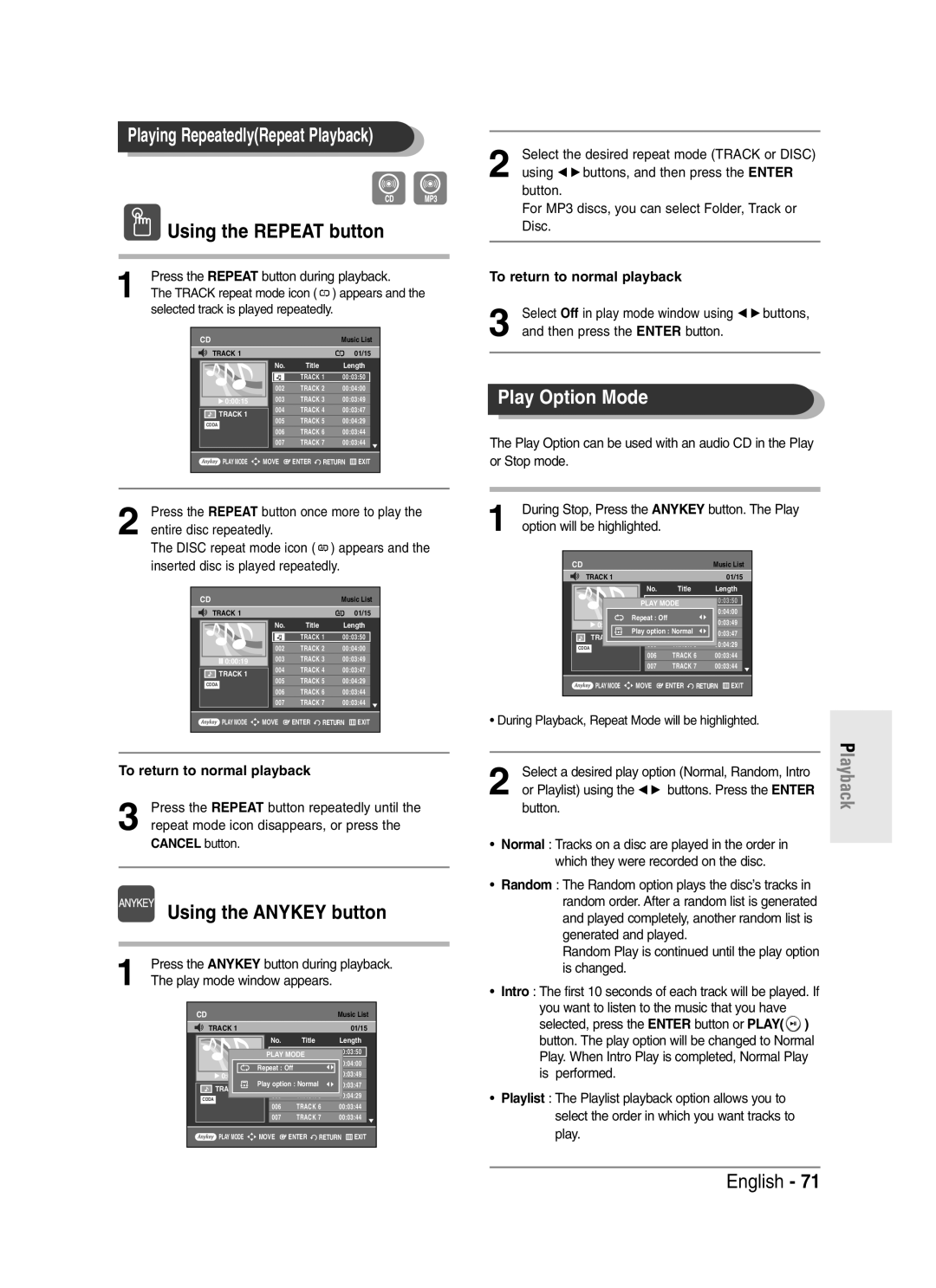 Samsung DVD-R145 Play Option Mode, Selected track is played repeatedly, Option will be highlighted, Cancel button 