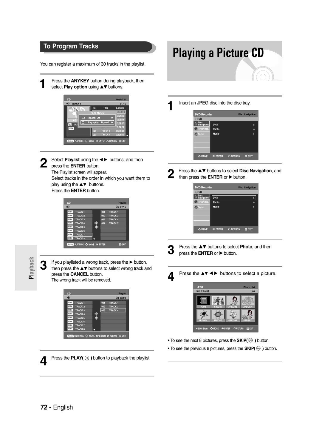 Samsung DVD-R145 Playing a Picture CD, To Program Tracks, You can register a maximum of 30 tracks in the playlist 