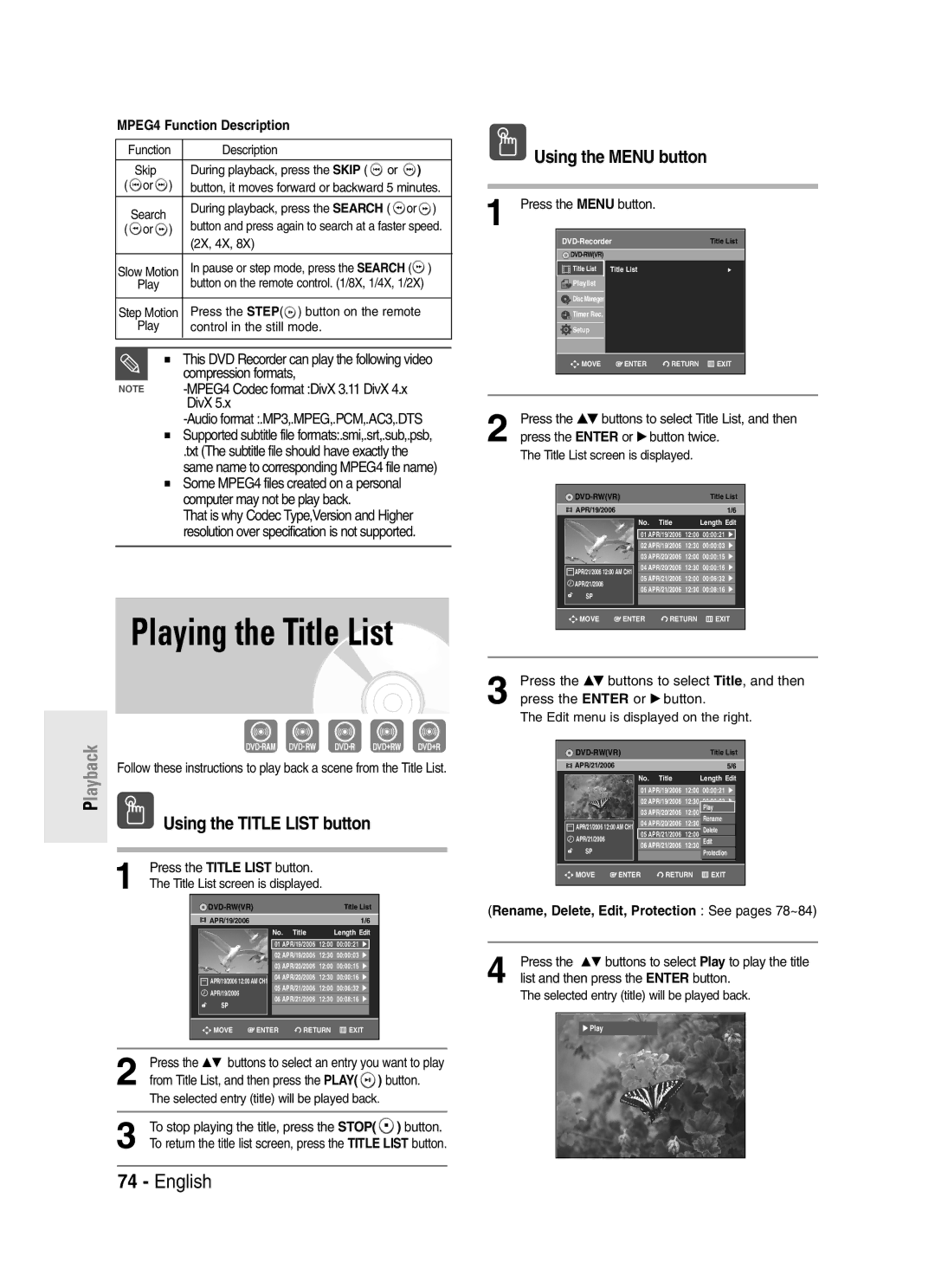 Samsung DVD-R145 instruction manual Using the Title List button, Using the Menu button, MPEG4 Function Description 