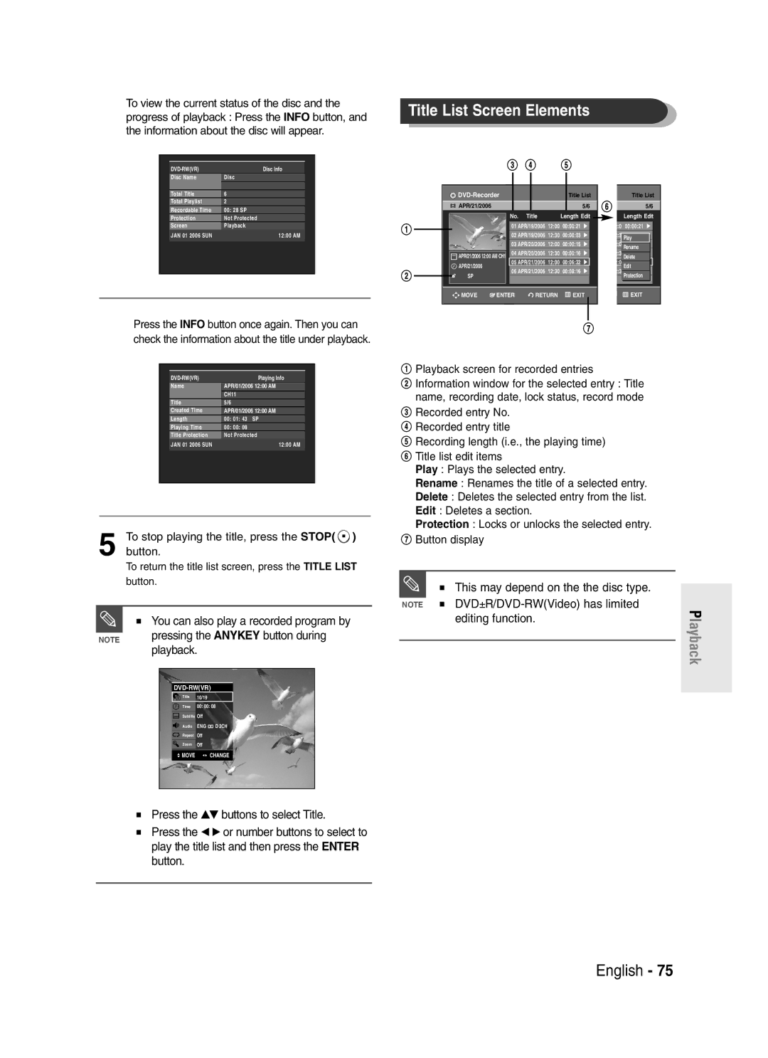 Samsung DVD-R145 instruction manual Pressing the Anykey button during, Playback, You can also play a recorded program by 