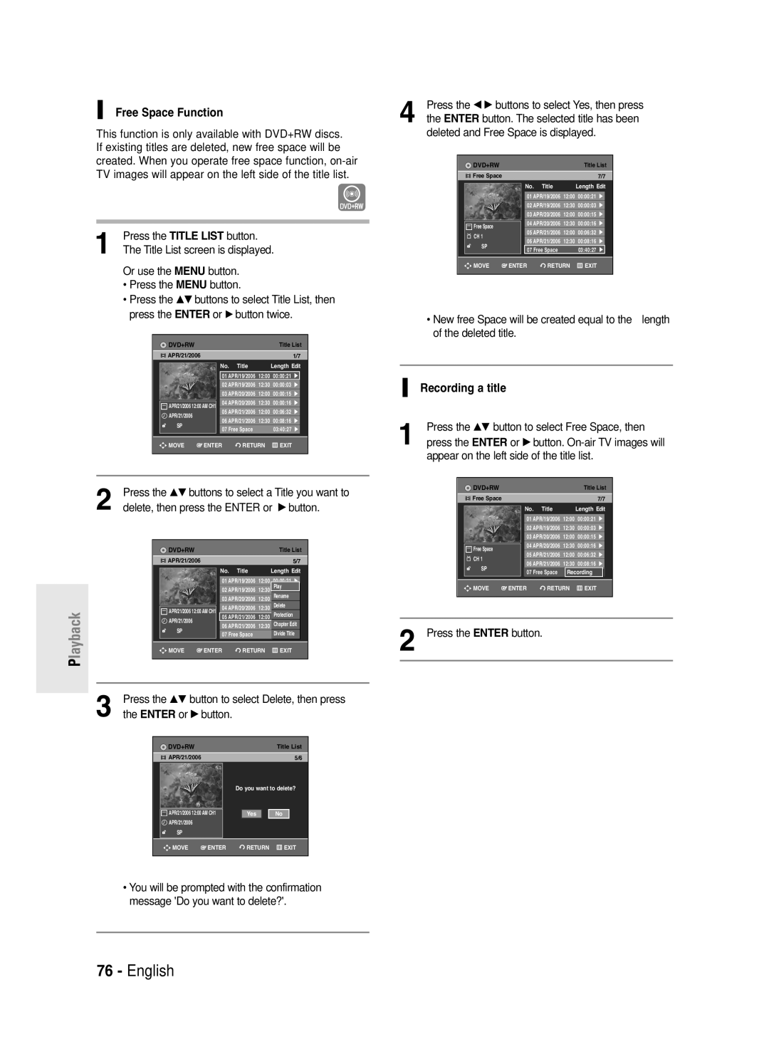 Samsung DVD-R145 Free Space Function, Recording a title, This function is only available with DVD+RW discs 