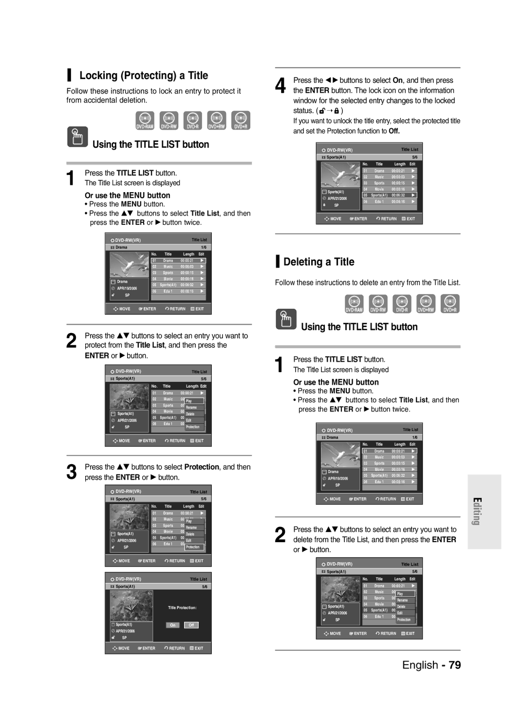 Samsung DVD-R145 instruction manual Locking Protecting a Title, Deleting a Title, Or use the Menu button 