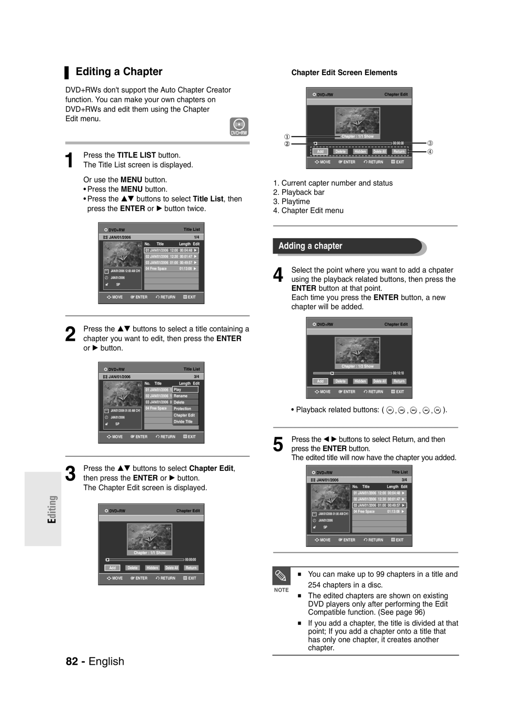 Samsung DVD-R145 instruction manual Editing a Chapter 