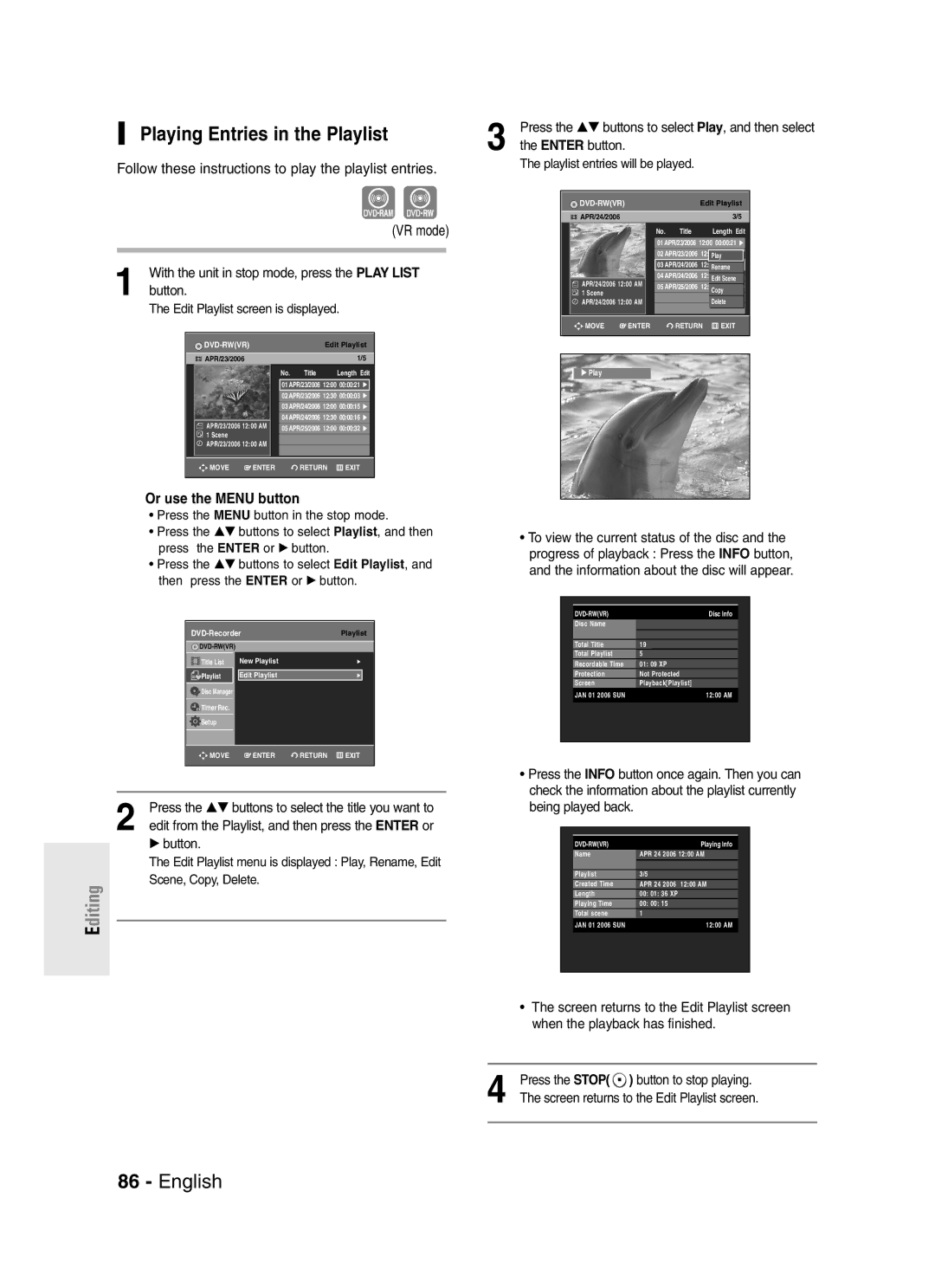 Samsung DVD-R145 instruction manual Playing Entries in the Playlist, Follow these instructions to play the playlist entries 