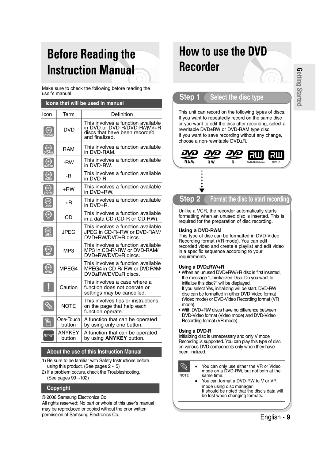 Samsung DVD-R145 instruction manual Before Reading, Format the disc to start recording, Using a DVD-RAM, Using a DVD±RW/+R 