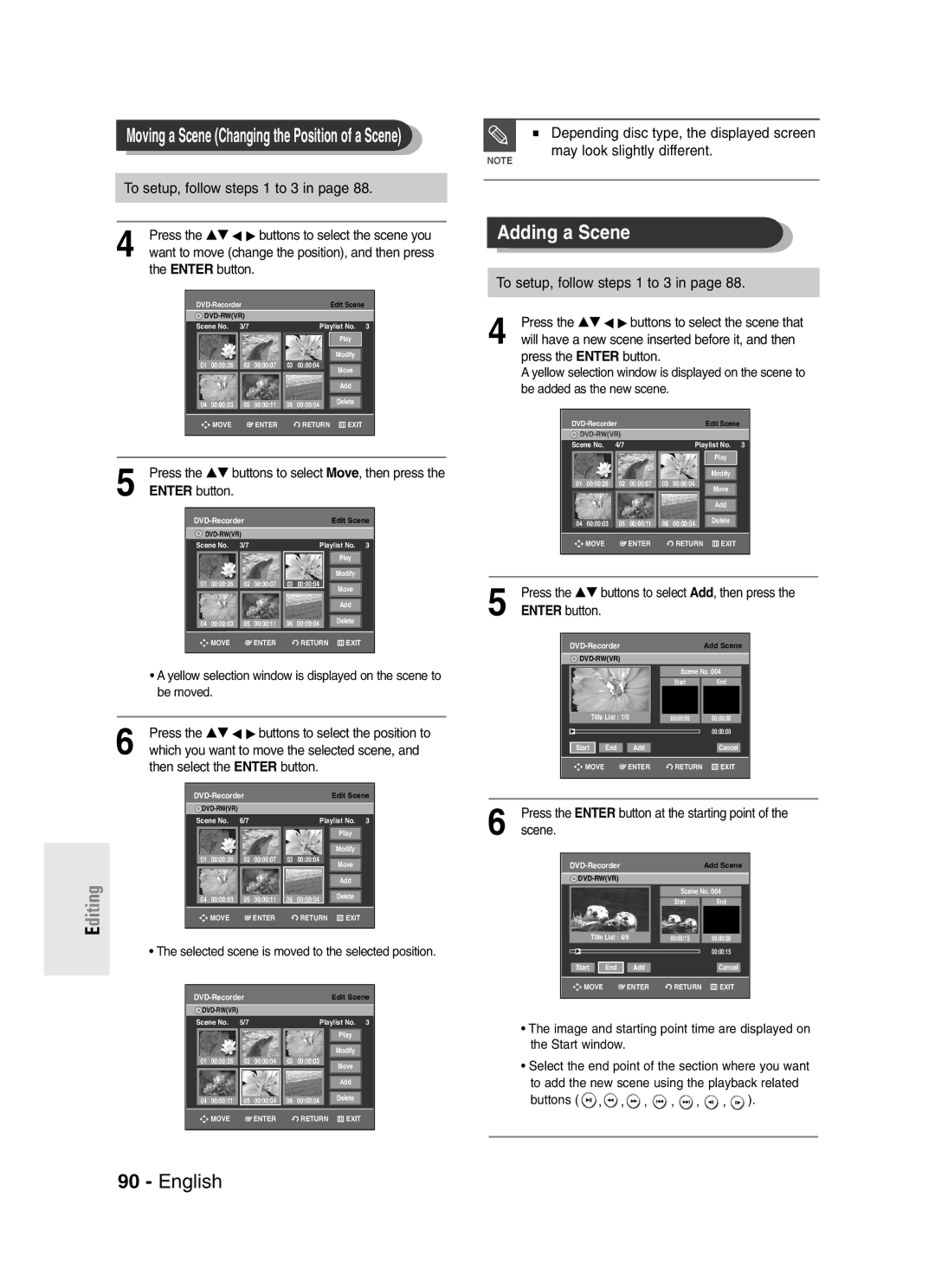 Samsung DVD-R145 instruction manual Adding a Scene, Enter button, Selected scene is moved to the selected position 