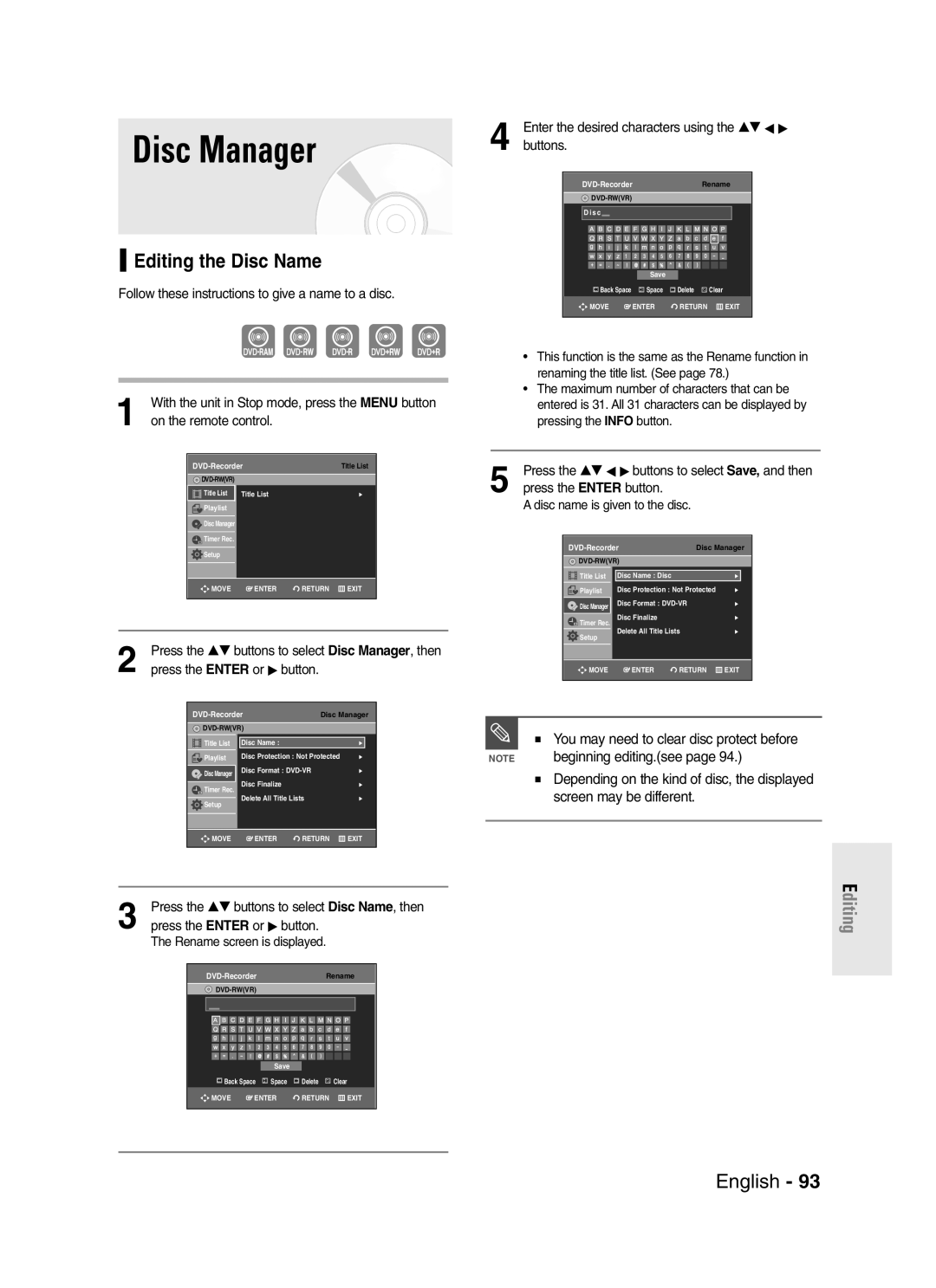 Samsung DVD-R145 instruction manual Disc Manager, Editing the Disc Name, Beginning editing.see, On the remote control 