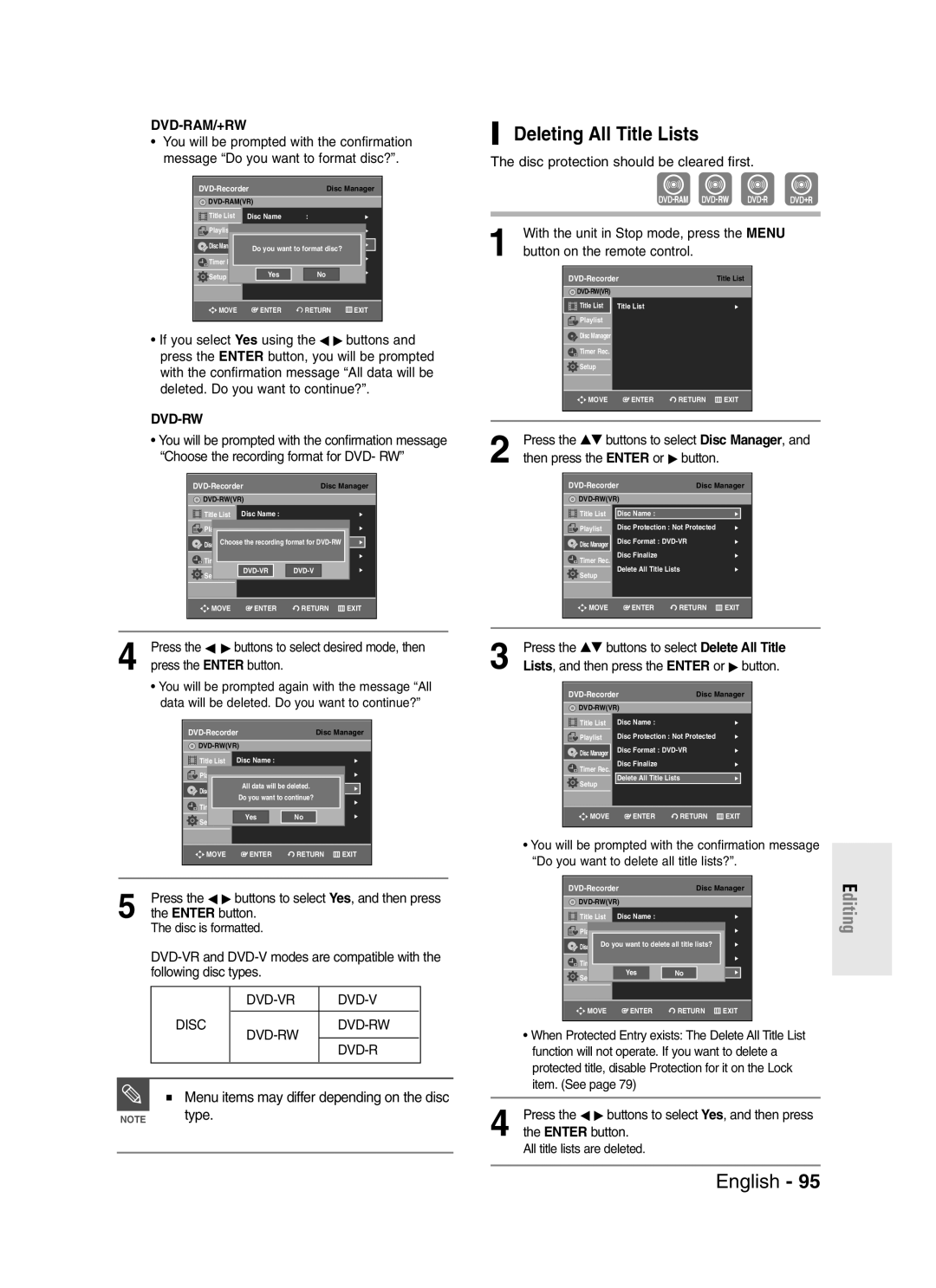 Samsung DVD-R145 Deleting All Title Lists, Menu items may differ depending on the disc, Button on the remote control 