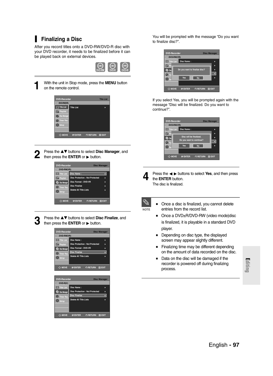 Samsung DVD-R145 instruction manual Finalizing a Disc, Entries from the record list, Process 