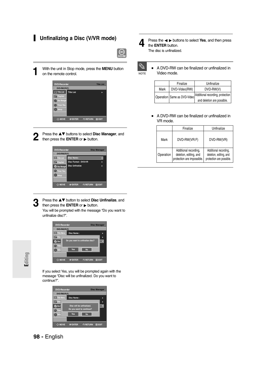 Samsung DVD-R145 Unfinalizing a Disc V/VR mode, Video mode, DVD-RW can be finalized or unfinalized in VR mode 