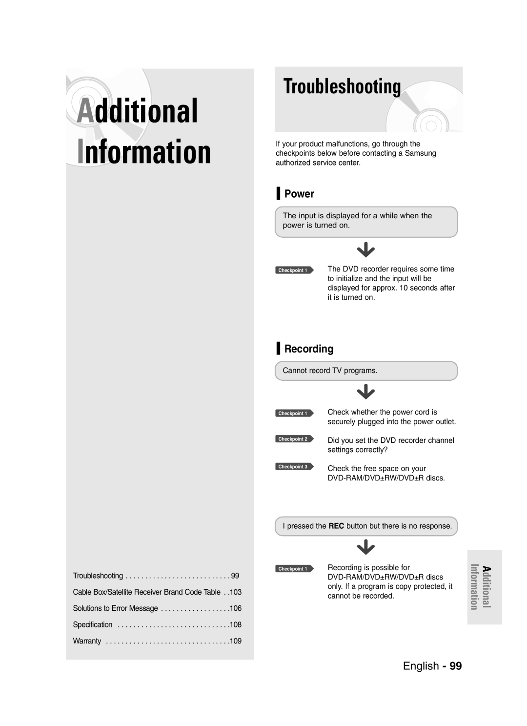 Samsung DVD-R145 instruction manual Troubleshooting, Power, Recording is possible for 