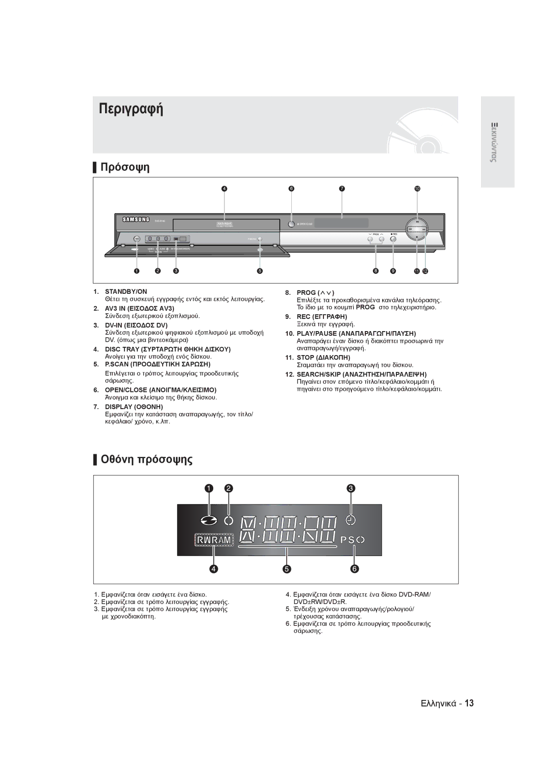 Samsung DVD-R145/EUR manual Περιγραφή, Πρόσοψη, Οθόνη πρόσοψης 