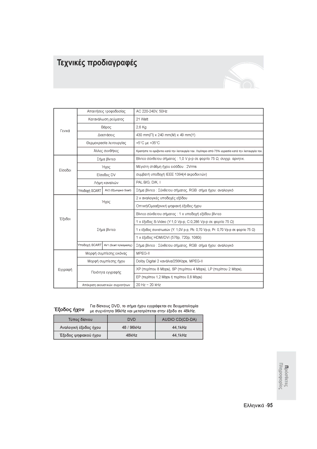 Samsung DVD-R145/EUR manual Τεχνικές προδιαγραφές, Έξοδος ήχου 