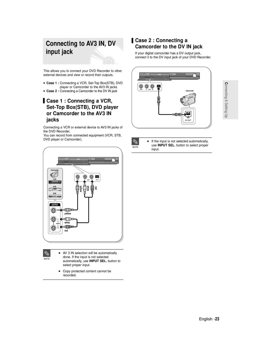 Samsung DVD-R145/EUR manual Connecting to AV3 IN, DV input jack, Case 2 Connecting a Camcorder to the DV in jack 