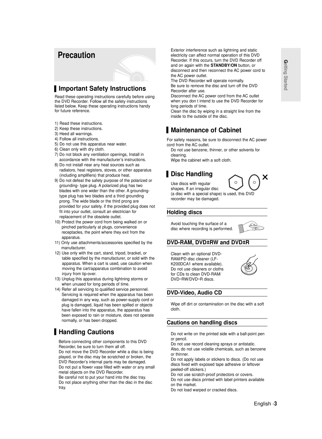 Samsung DVD-R145/EUR Precaution, Important Safety Instructions, Handling Cautions, Maintenance of Cabinet, Disc Handling 