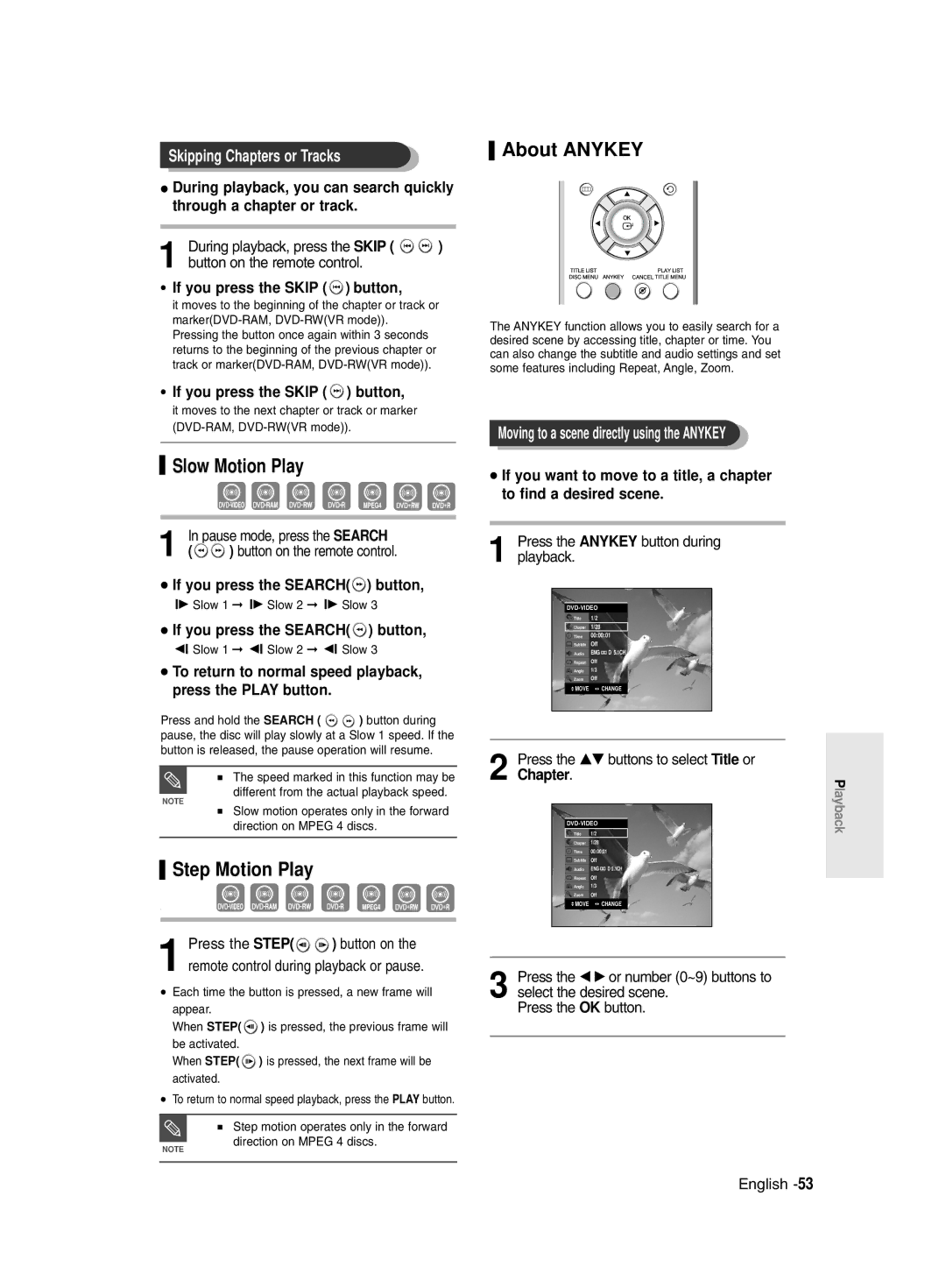 Samsung DVD-R145/EUR manual Slow Motion Play, Step Motion Play, About Anykey, Skipping Chapters or Tracks 