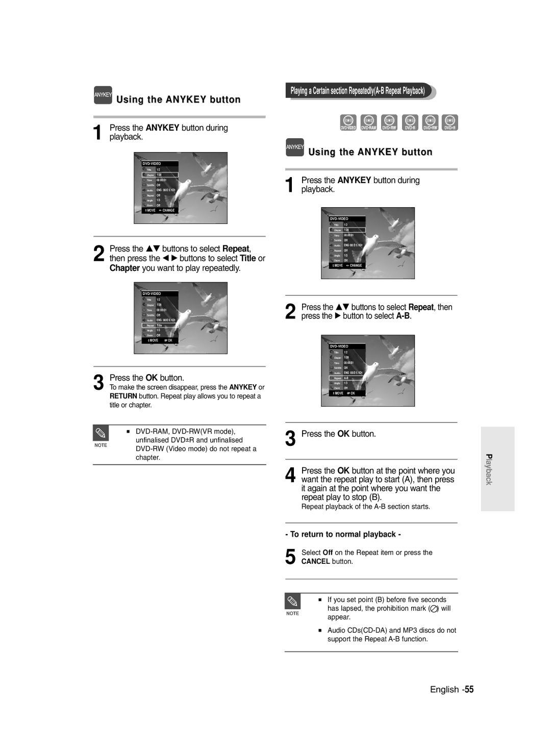 Samsung DVD-R145/EUR manual Using the Anykey button, Repeat playback of the A-B section starts 