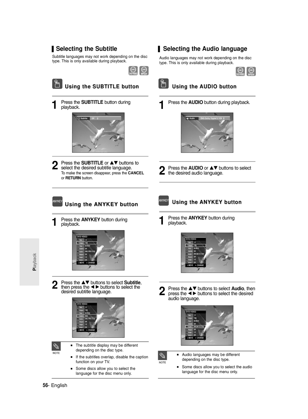 Samsung DVD-R145/EUR manual Selecting the Subtitle, Selecting the Audio language, Press the Subtitle button during playback 