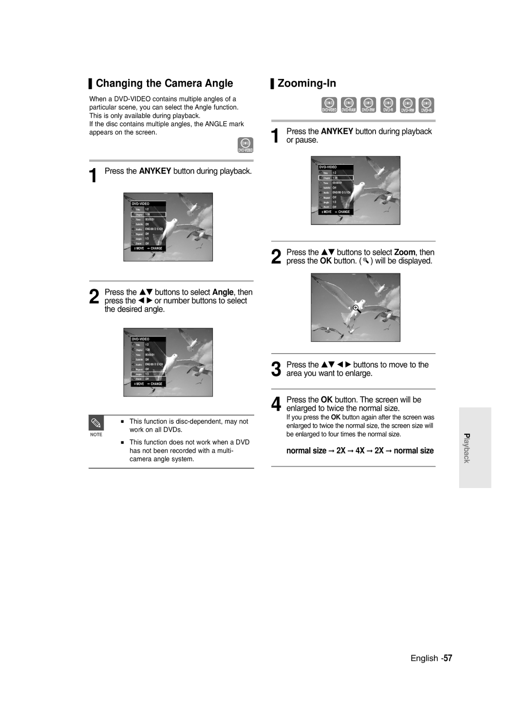 Samsung DVD-R145/EUR manual Changing the Camera Angle, Zooming-In, Press the Anykey button during playback or pause 