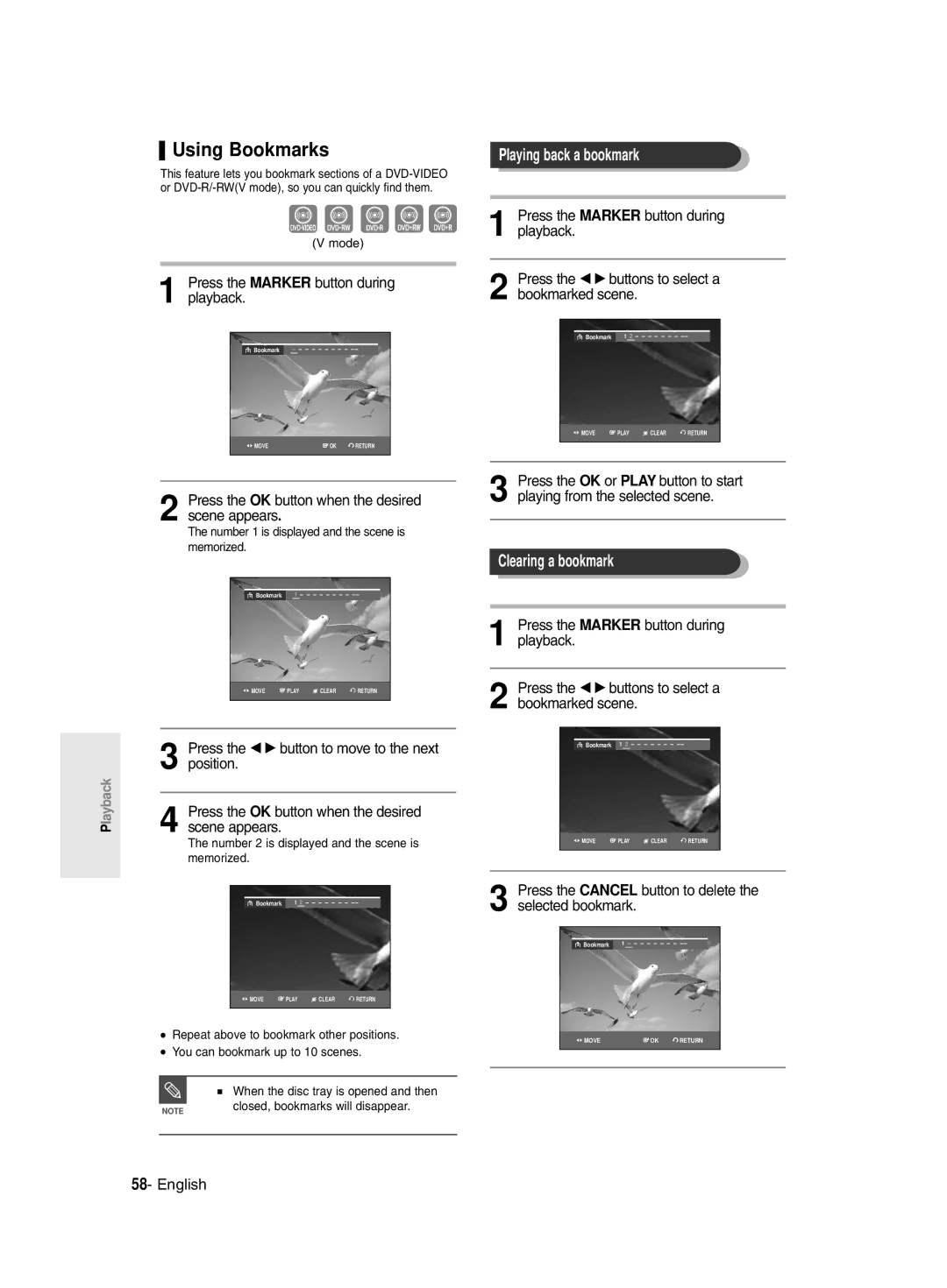 Samsung DVD-R145/EUR manual Using Bookmarks, Playing back a bookmark, Clearing a bookmark 