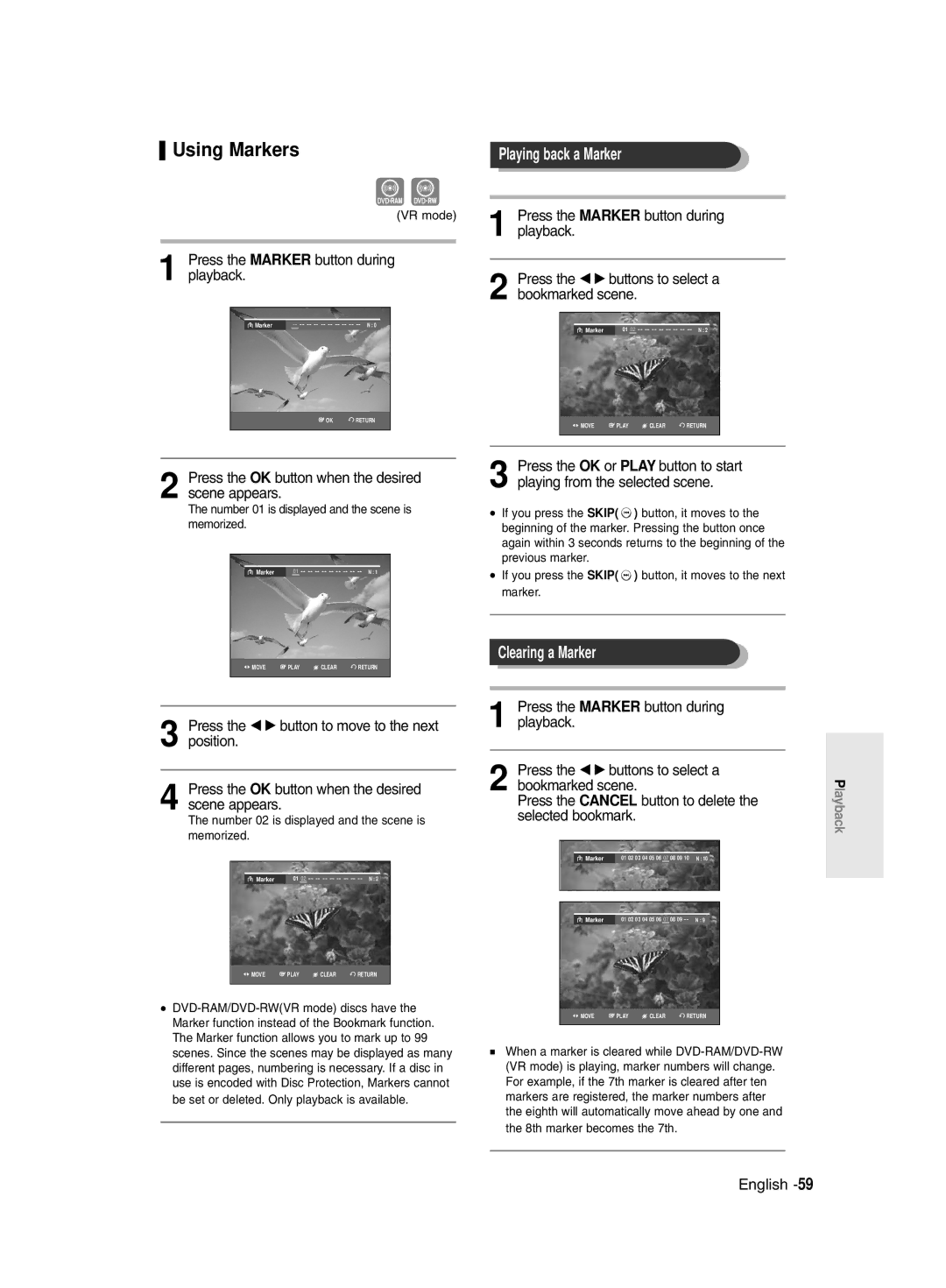 Samsung DVD-R145/EUR manual Using Markers, Playing back a Marker, Clearing a Marker 