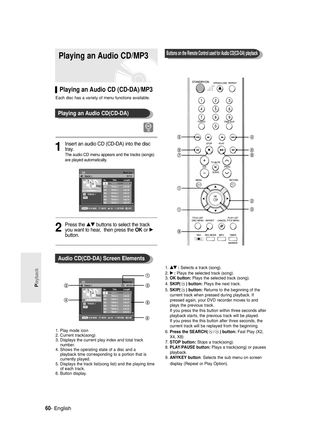 Samsung DVD-R145/EUR manual Playing an Audio CD/MP3, Playing an Audio CD CD-DA/MP3, Playing an Audio CDCD-DA 