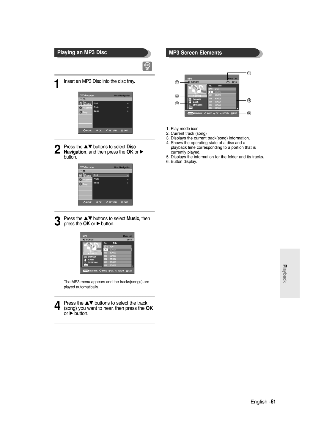 Samsung DVD-R145/EUR manual Playing an MP3 Disc, Insert an MP3 Disc into the disc tray 