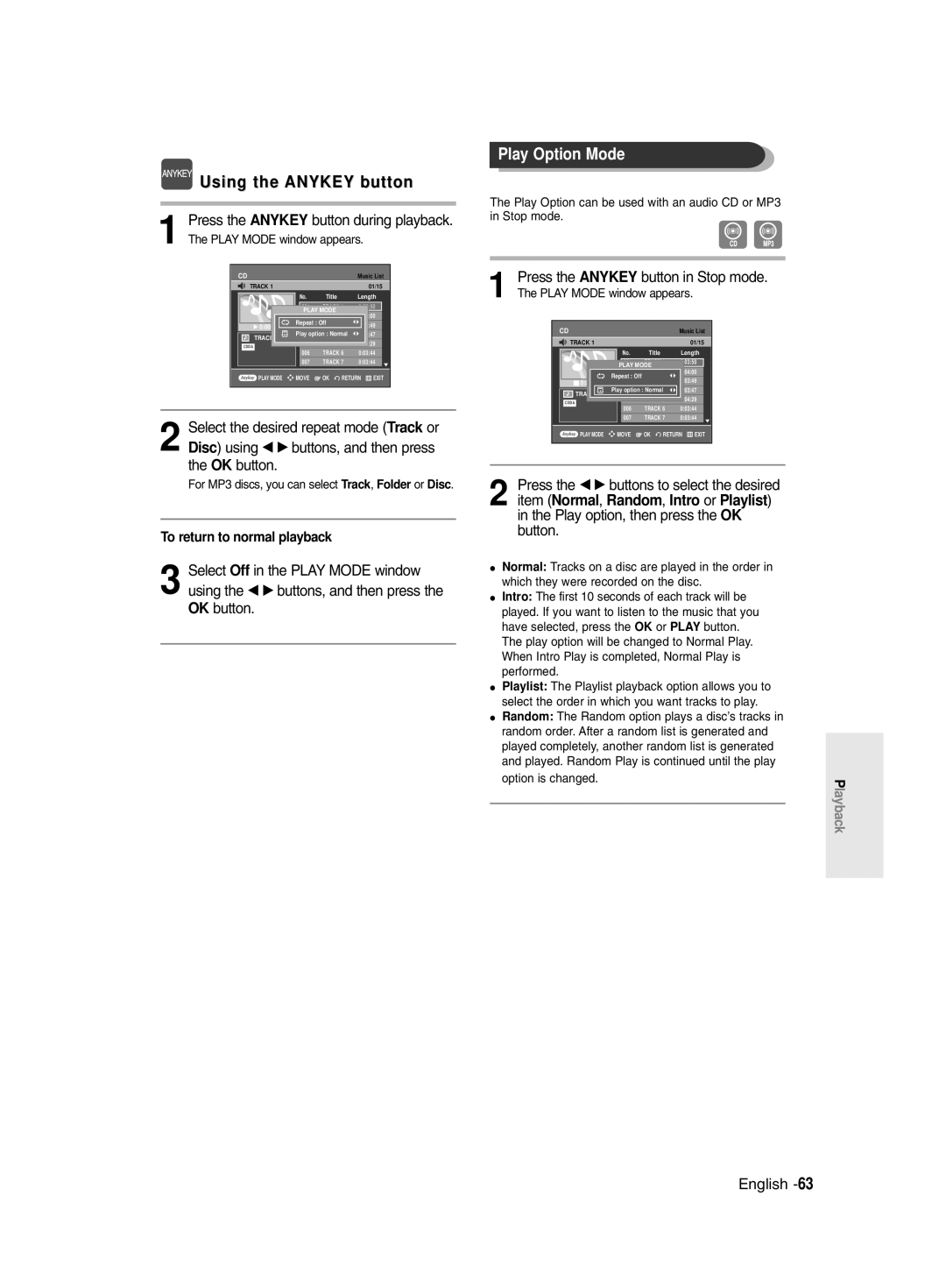 Samsung DVD-R145/EUR manual Play Option Mode, For MP3 discs, you can select Track, Folder or Disc 