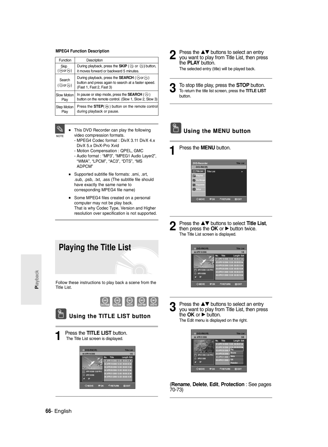 Samsung DVD-R145/EUR manual Playing the Title List, Using the Title List button, Press the Menu button 