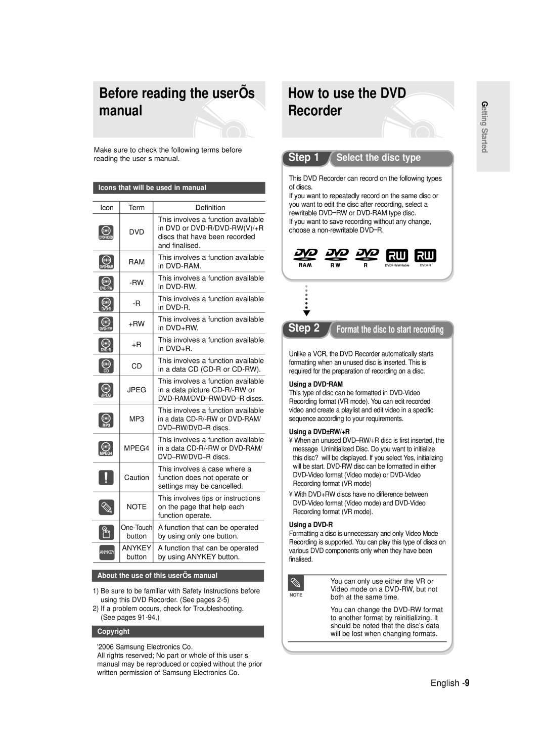 Samsung DVD-R145/EUR manual Before reading the user’s, Manual Recorder, Select the disc type 