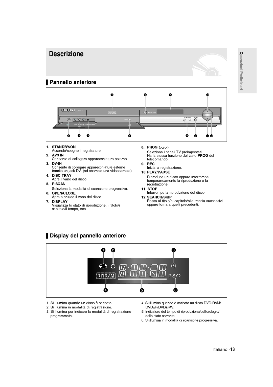 Samsung DVD-R145/XET manual Descrizione, Pannello anteriore, Display del pannello anteriore 