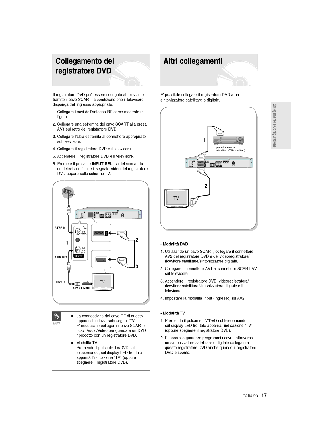 Samsung DVD-R145/XET manual Collegamento del Altri collegamenti Registratore DVD, Modalità DVD, Modalità TV 