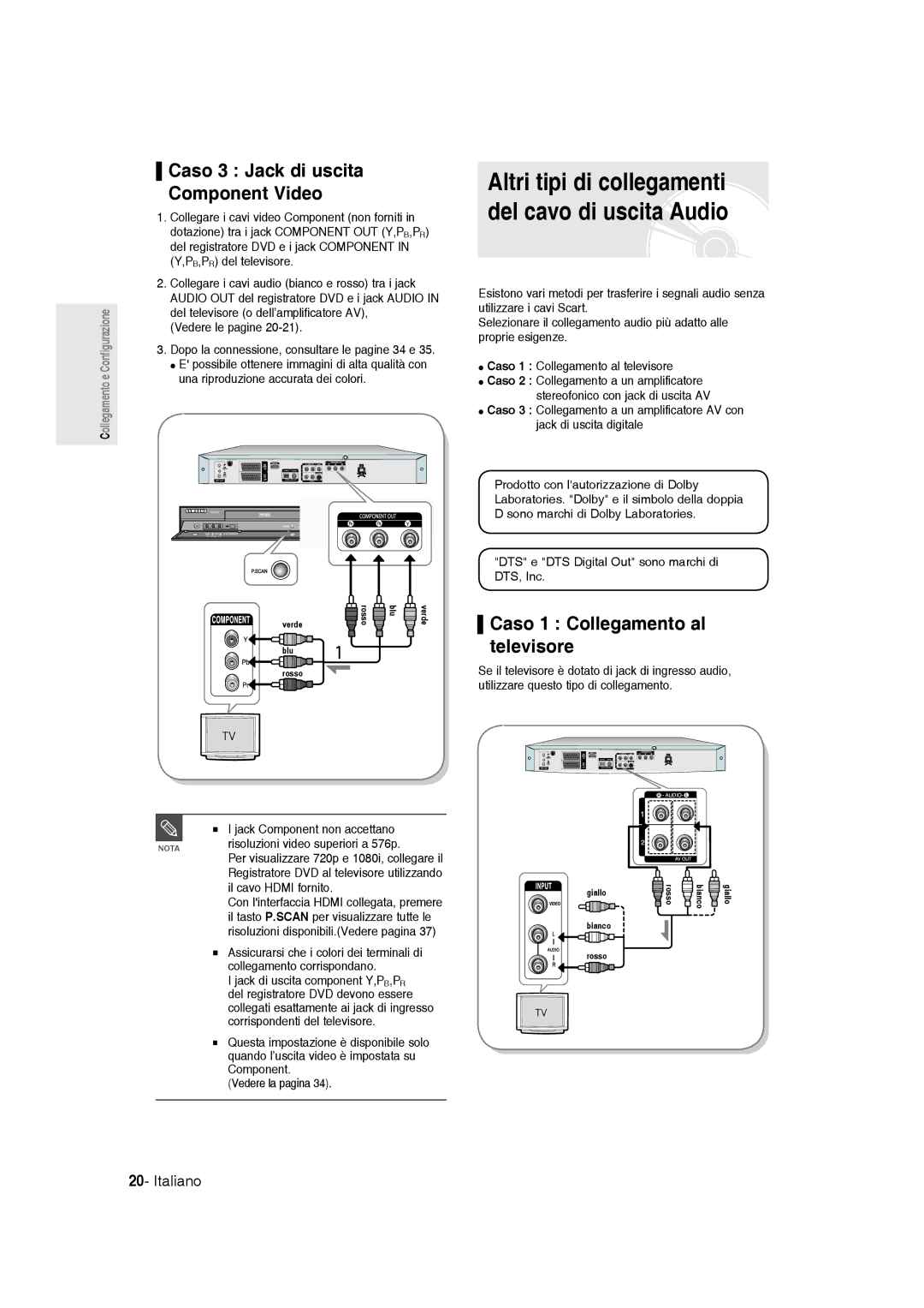 Samsung DVD-R145/XET manual Altri tipi di collegamenti del cavo di uscita Audio, Caso 3 Jack di uscita Component Video 