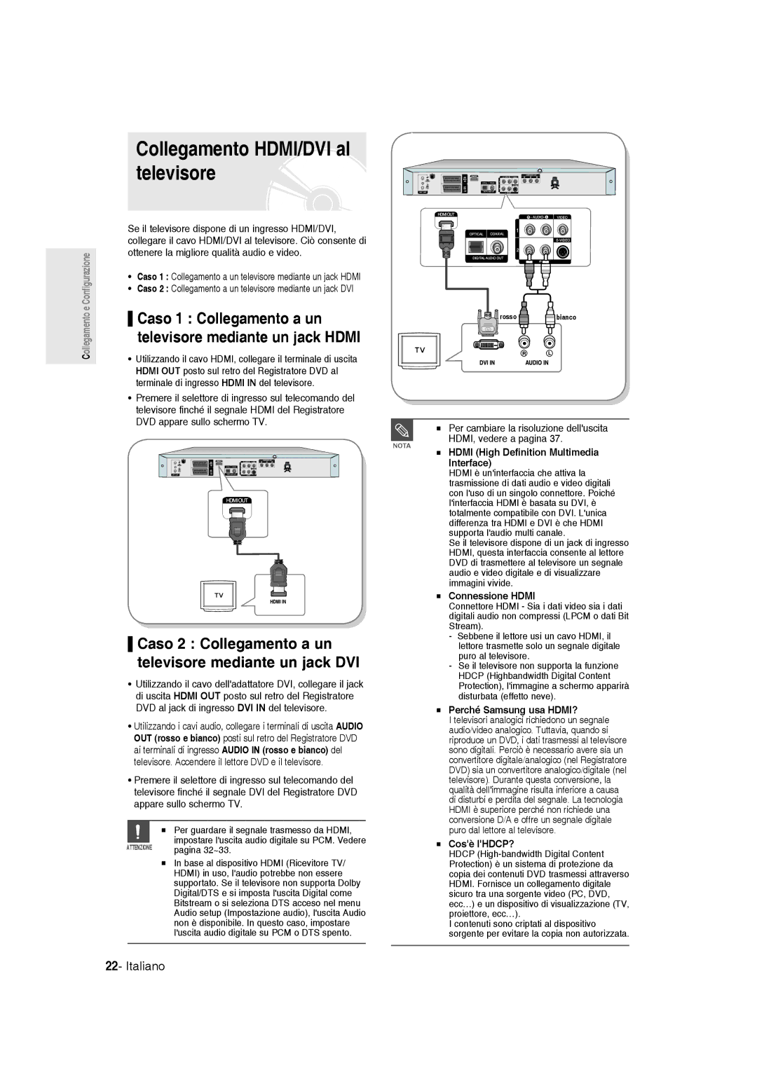 Samsung DVD-R145/XET manual Collegamento HDMI/DVI al televisore, Caso 1 Collegamento a un, Televisore mediante un jack Hdmi 