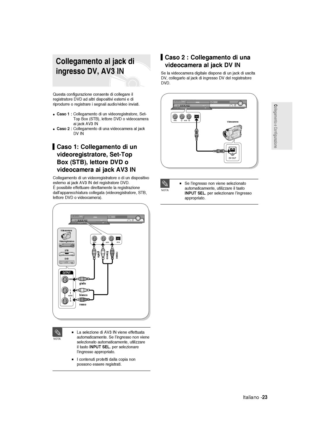 Samsung DVD-R145/XET manual Collegamento al jack di ingresso DV, AV3, Caso 2 Collegamento di una videocamera al jack DV 