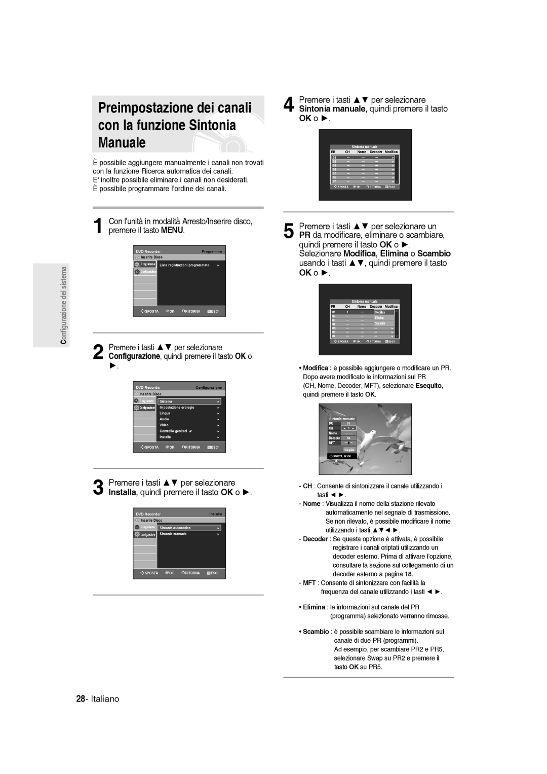 Samsung DVD-R145/XET manual OK o, CH Consente di sintonizzare il canale utilizzando i tasti 