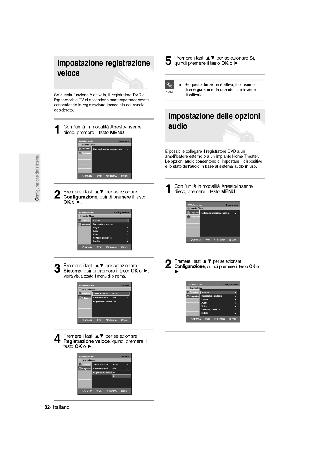 Samsung DVD-R145/XET manual Impostazione delle opzioni audio, Impostazione registrazione veloce 