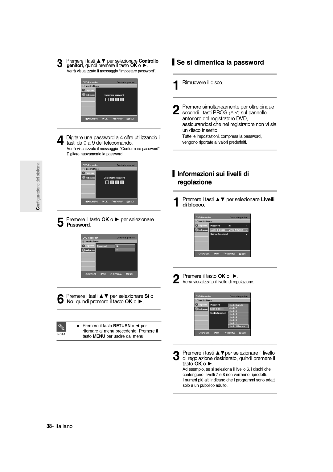 Samsung DVD-R145/XET manual Se si dimentica la password, Informazioni sui livelli di regolazione 