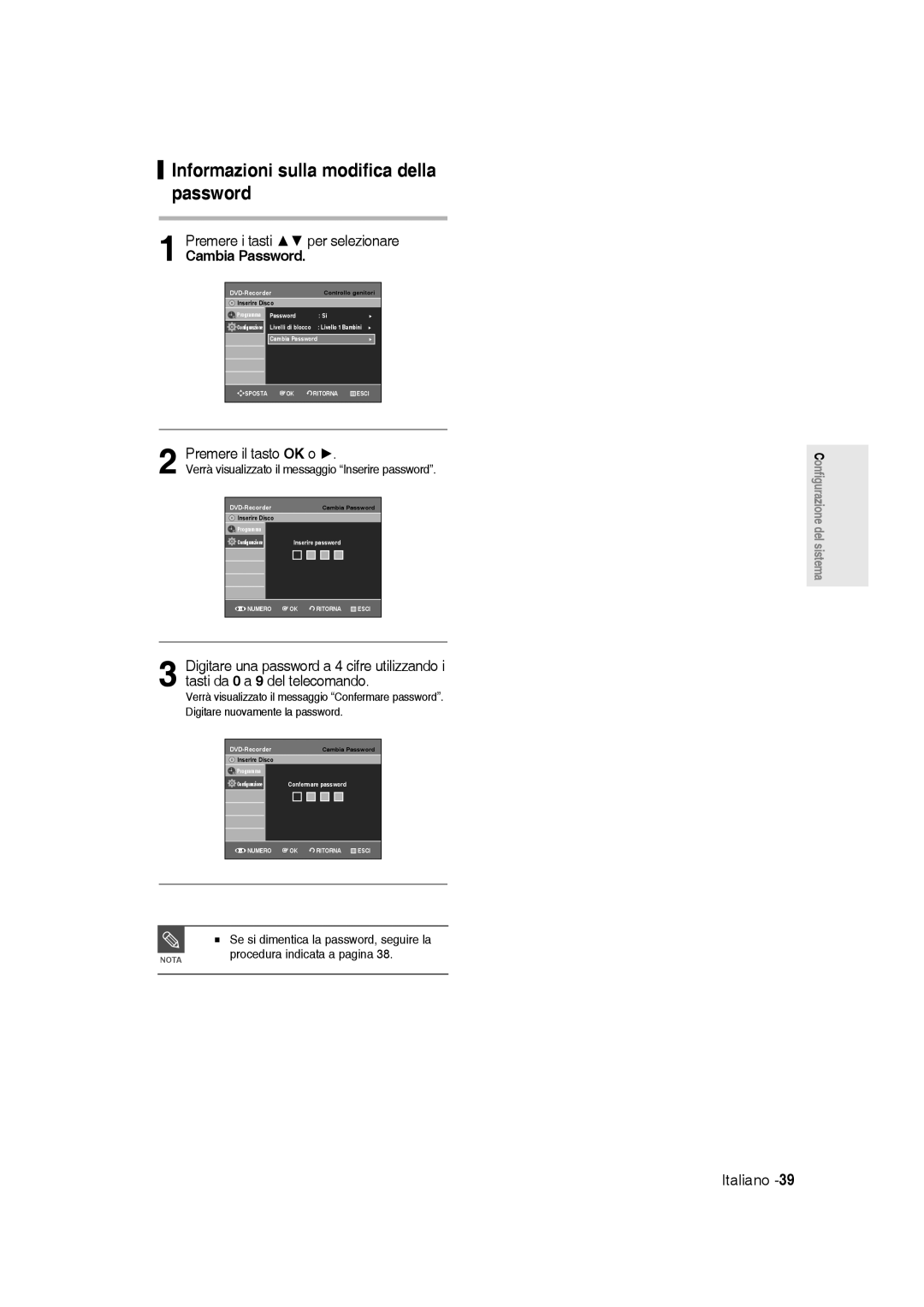 Samsung DVD-R145/XET manual Informazioni sulla modifica della password, Premere i tasti per selezionare, Cambia Password 