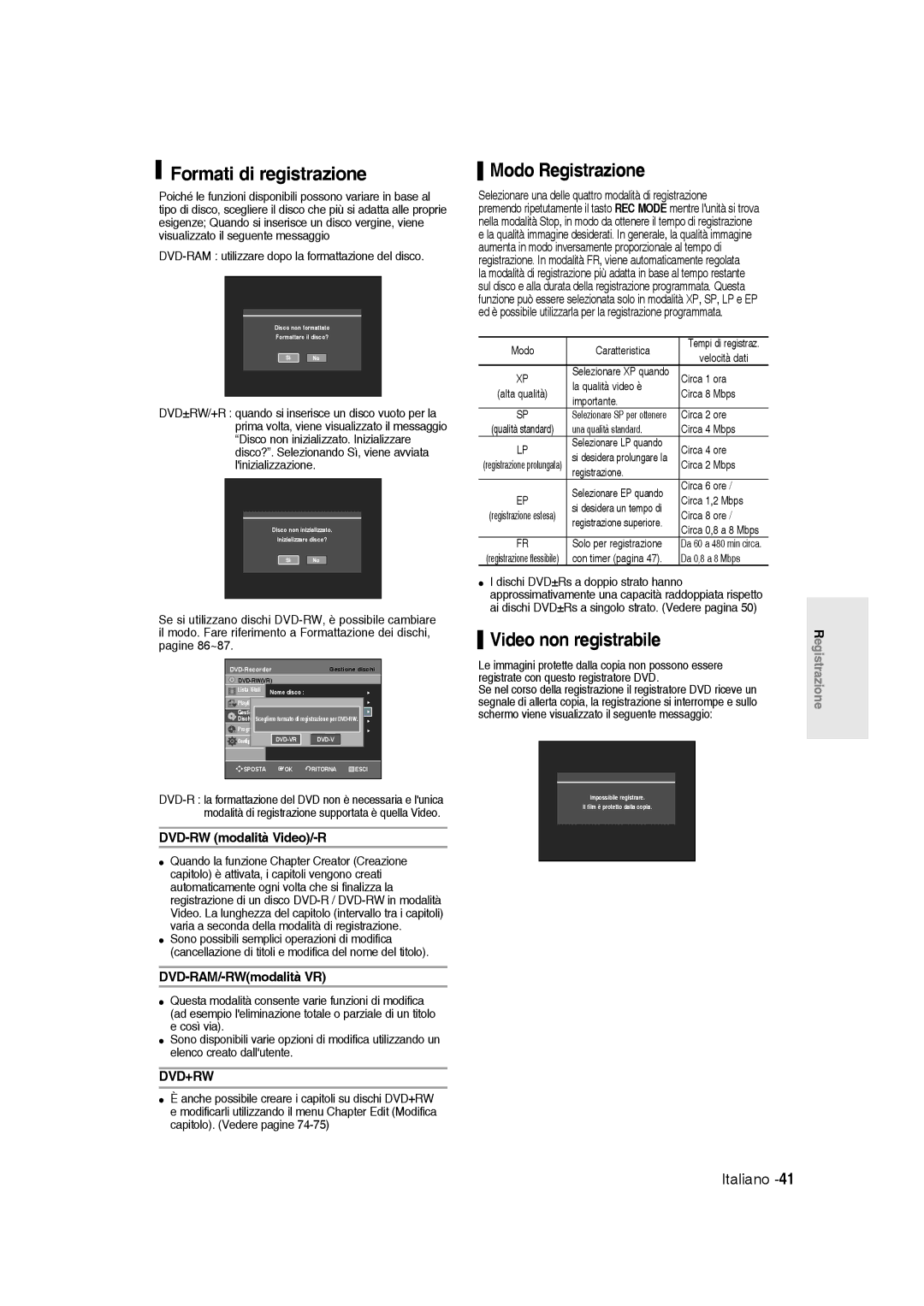 Samsung DVD-R145/XET manual Formati di registrazione, Modo Registrazione, Video non registrabile, DVD-RW modalità Video/-R 