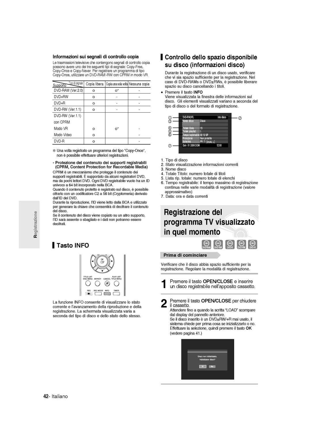 Samsung DVD-R145/XET manual Registrazione del programma TV visualizzato in quel momento, Tasto Info, Prima di cominciare 