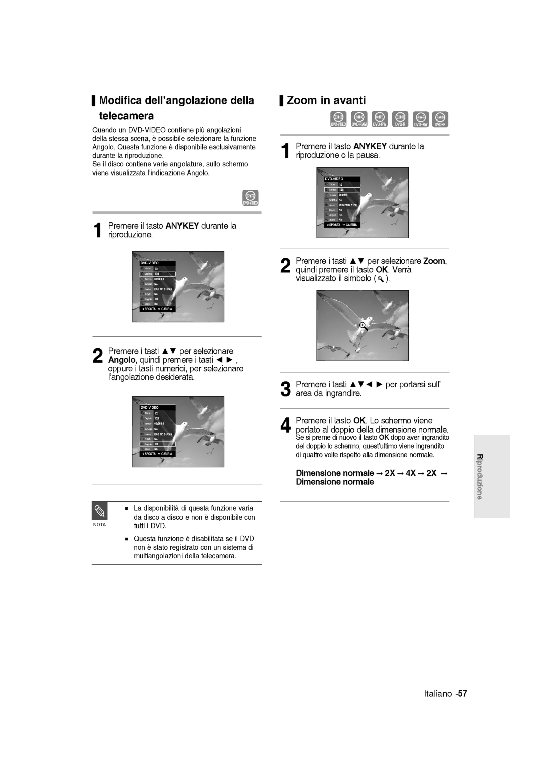 Samsung DVD-R145/XET manual Modifica dell’angolazione della telecamera, Zoom in avanti 