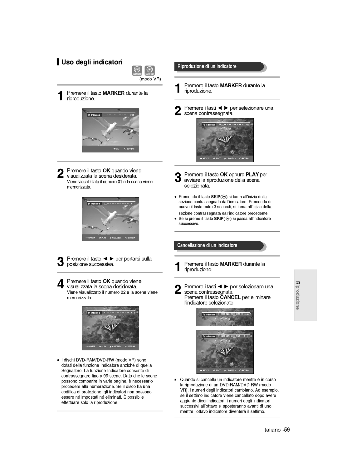 Samsung DVD-R145/XET manual Uso degli indicatori, Riproduzione di un indicatore, Cancellazione di un indicatore, Modo VR 
