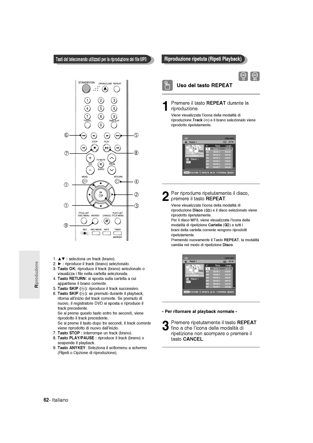 Samsung DVD-R145/XET manual Uso del tasto Repeat, Riproduzione ripetuta Ripeti Playback 